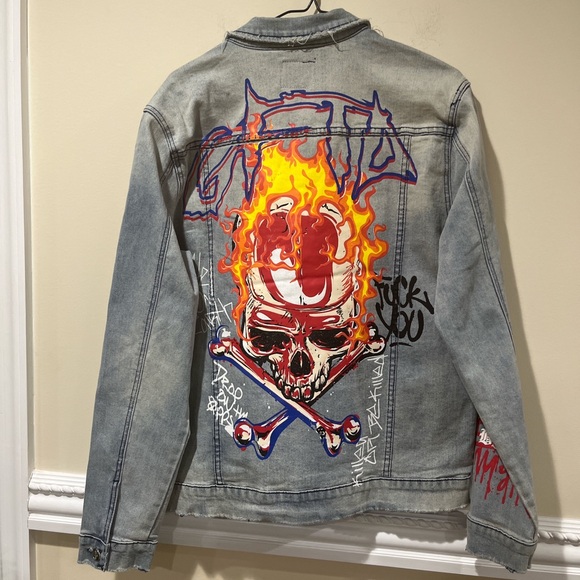 Mens Brand New Painted Flame Skull Bone Denim Jacket - Picture 2 of 3